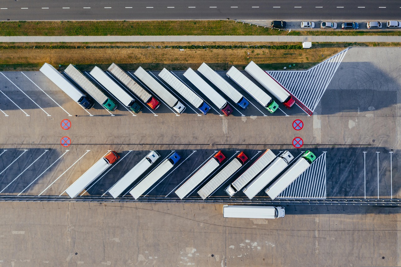Aerial view of trailers staged at a distribution center